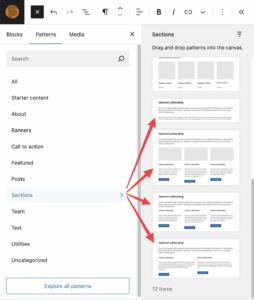 Located within the Pattern chooser inside of WordPress is a new category called Sections for full-width page building