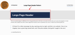 A red outline shows which part of the page includes the new large page header block pattern. 