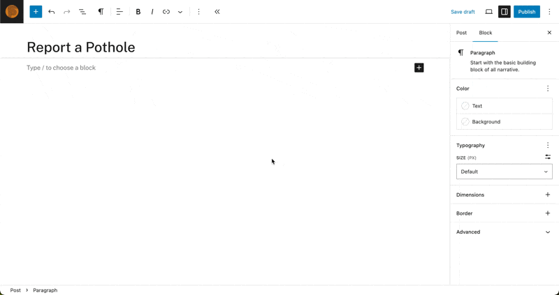 This is an animated gif showing the process of selecting a gravity forms template and inserting it into a post using the block editor