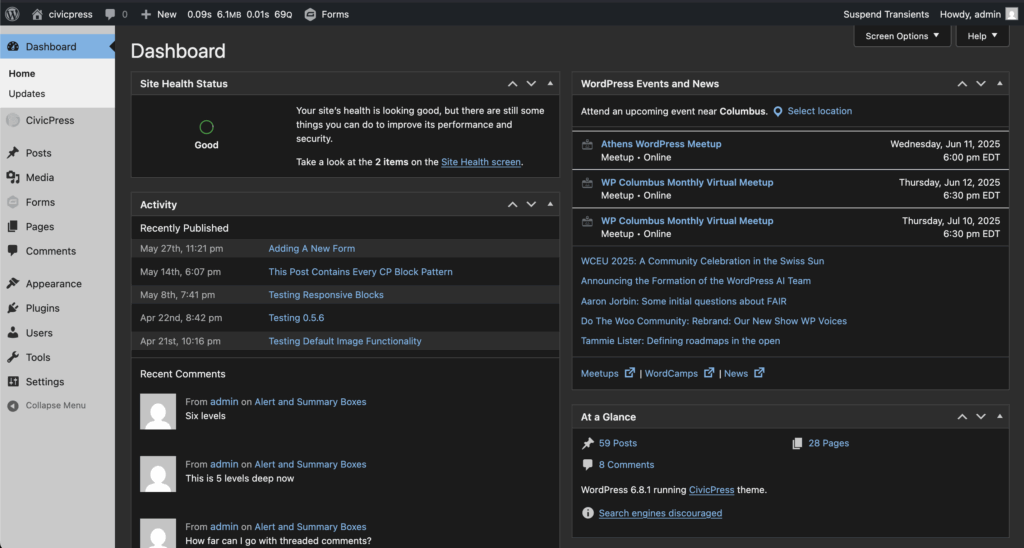 This screenshot shows the WordPress backend utilizing the dark color style