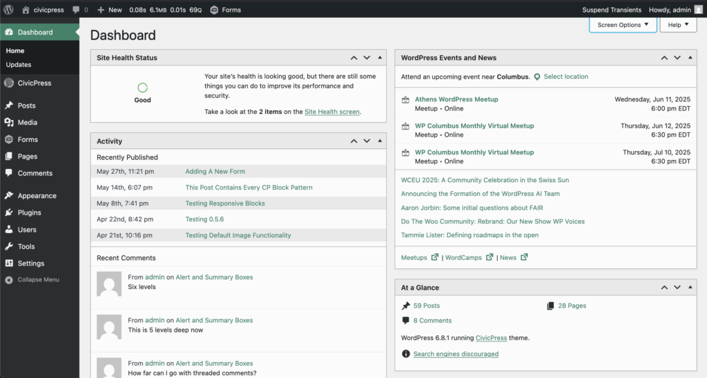 This screenshot shows the WordPress backend utilizing the green color style