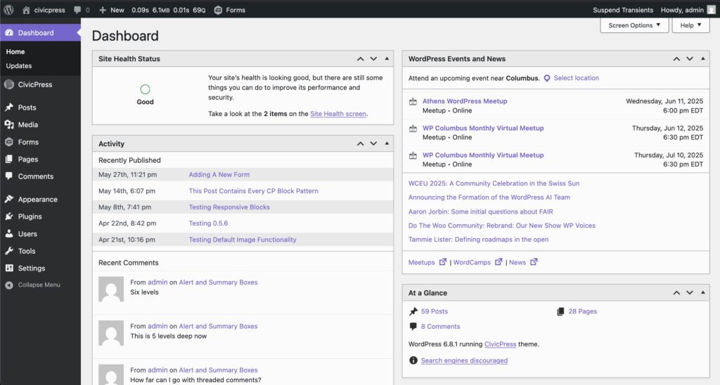 This screenshot shows the WordPress backend utilizing the purple color style