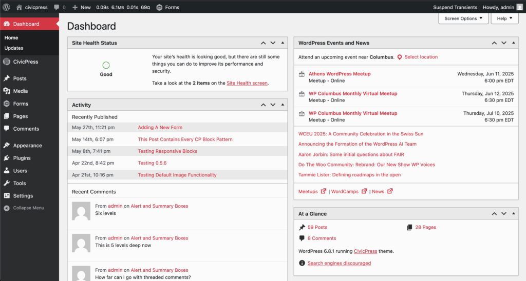 This screenshot shows the WordPress backend utilizing the red color style