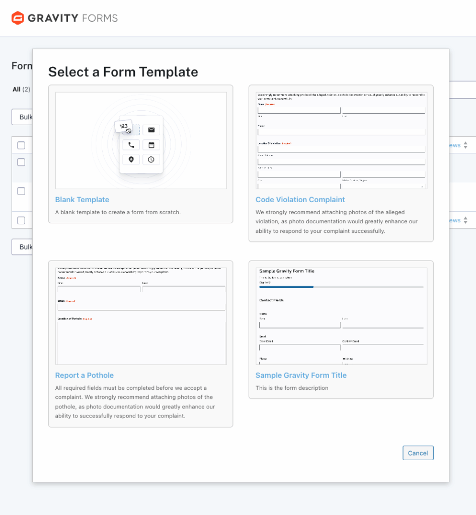 This is the form template selector modal that displays in Gravity Forms. From here, users can select a form template to customize and or use.