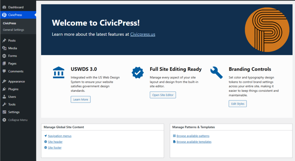 Default admin dashboard for CivicPress