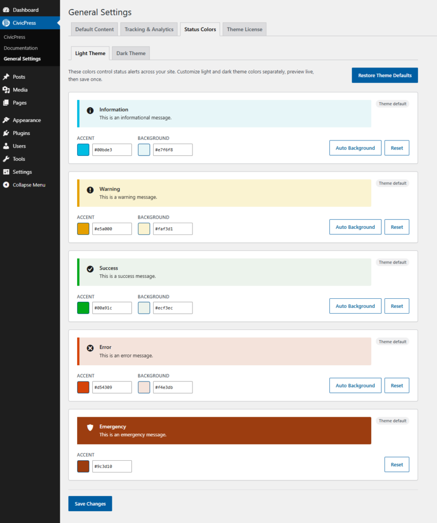 Status colors setting screen in WordPress admin dashboard for CivicPress