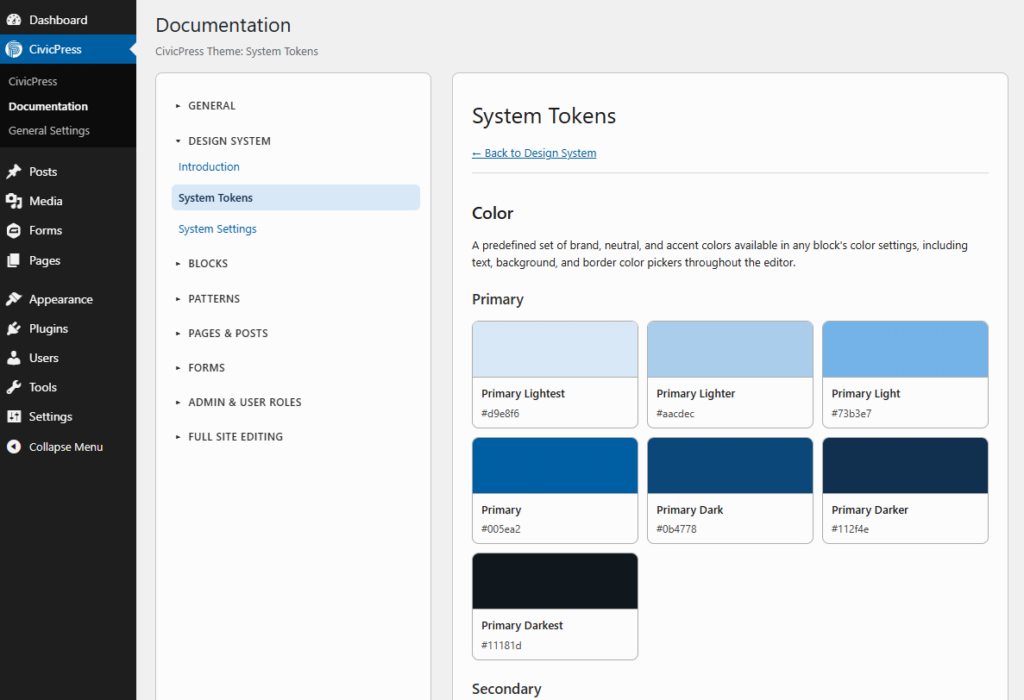 CivicPress Theme System Tokens documentation page showing primary color swatches ranging from lightest (#d9e8f6) to darkest (#11181d)